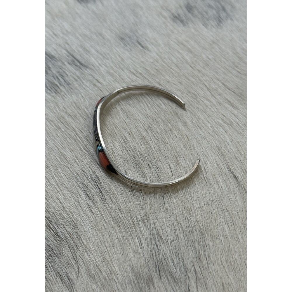 Vintage Sterling Silver Zuni Cena Inlaid Turquoise Onyx Coral Cuff Bracelet - Picture 7 of 8